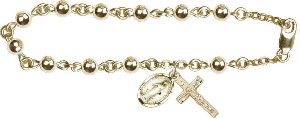 Women's Miraculous Medal Crucifix Pendant Rosary Bracelet - 14K Solid Gold
