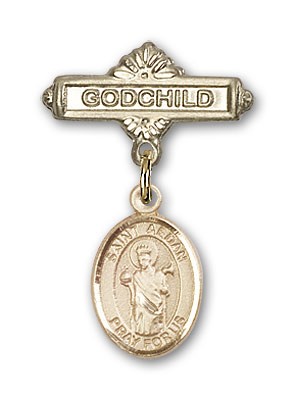 Pin Badge with St. Aedan of Ferns Charm and Godchild Badge Pin - 14K Solid Gold