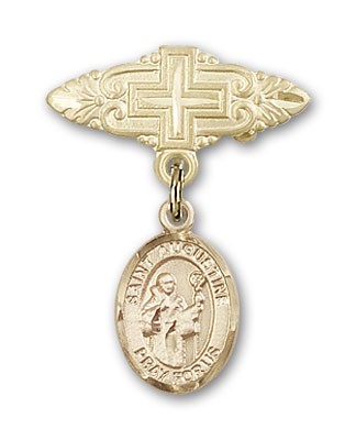 Pin Badge with St. Augustine Charm and Badge Pin with Cross - Gold Tone