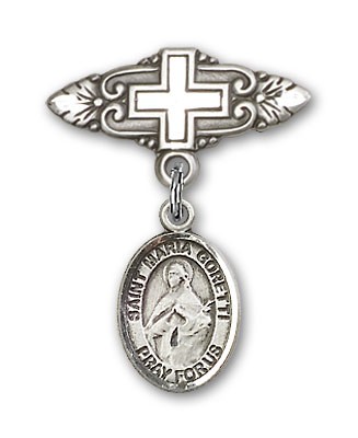 Pin Badge with St. Maria Goretti Charm and Badge Pin with Cross - Silver tone
