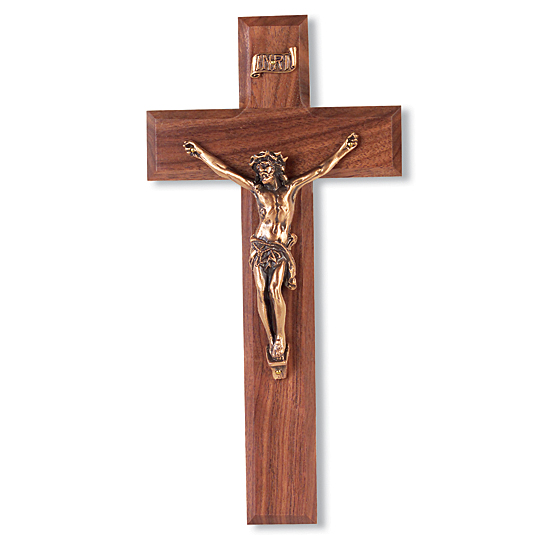 Wide Crossbar Walnut Wood Wall Crucifix - 9 inch - Brown
