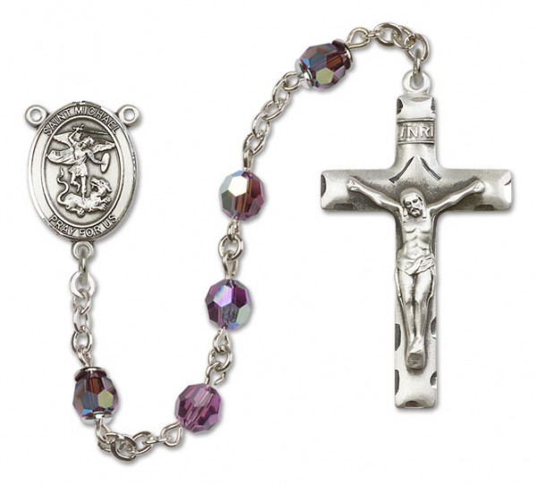 St. Michael the Archangel Sterling Silver Heirloom Rosary Squared Crucifix - Amethyst