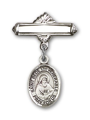 Pin Badge with St. Bede the Venerable Charm and Polished Engravable Badge Pin - Silver tone