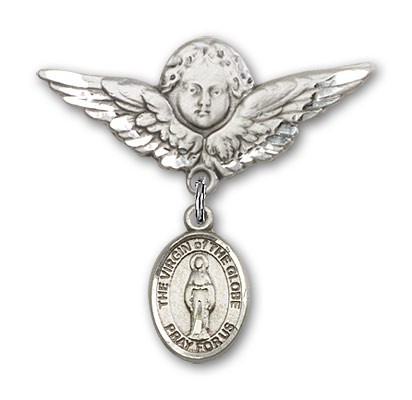 Pin Badge with Virgin of the Globe Charm and Angel with Larger Wings Badge Pin - Silver tone