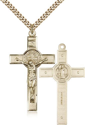 Sterling Silver St Benedict Crucifix Pendant 1 3/4 X 1 inches with Heavy Curb Chain 