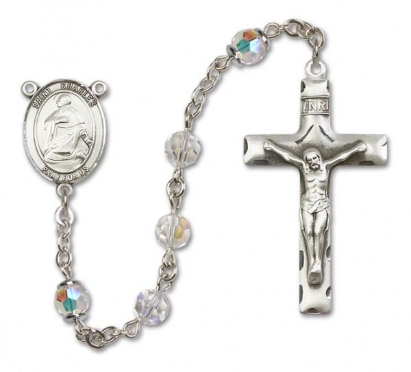 St. Charles Borromeo Sterling Silver Heirloom Rosary Squared Crucifix - Crystal