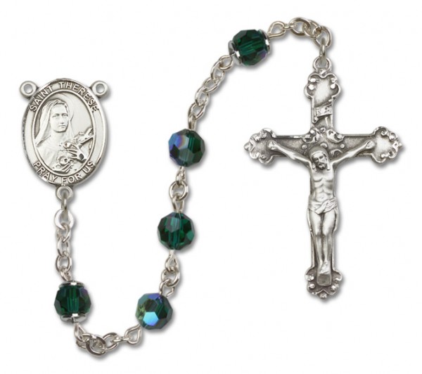 St. Therese of Lisieux Sterling Silver Heirloom Rosary Fancy Crucifix - Emerald Green