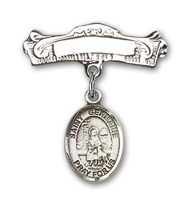 Pin Badge with St. Germaine Cousin Charm and Arched Polished Engravable Badge Pin - Silver tone