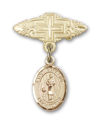 Pin Badge with St. Genesius of Rome Charm and Badge Pin with Cross - 14K Solid Gold