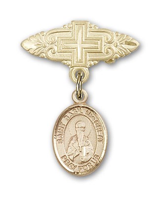 Pin Badge with St. Basil the Great Charm and Badge Pin with Cross - 14K Solid Gold