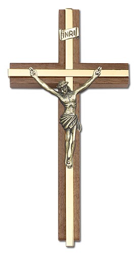 Classic Crucifix Wall Cross in Walnut and Metal Inlay 6&quot; - Gold Tone