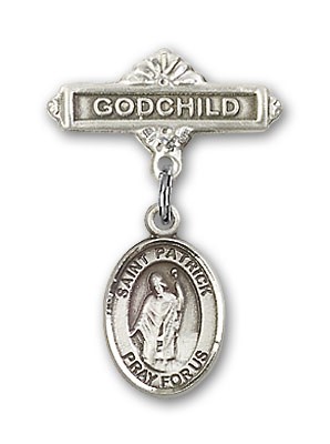 Pin Badge with St. Patrick Charm and Godchild Badge Pin - Silver tone