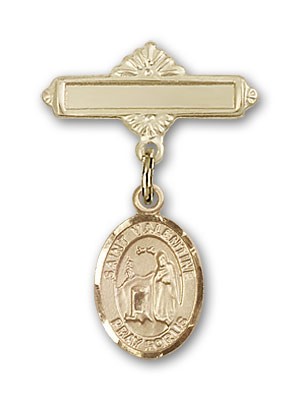 Pin Badge with St. Valentine of Rome Charm and Polished Engravable Badge Pin - 14K Solid Gold
