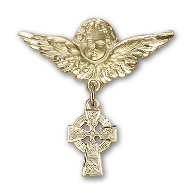 Pin Badge with Celtic Cross Charm and Angel with Larger Wings Badge Pin - 14K Solid Gold