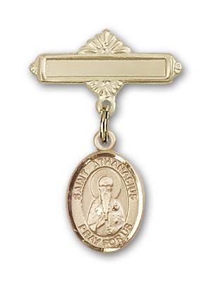 Pin Badge with St. Athanasius Charm and Polished Engravable Badge Pin - 14K Solid Gold