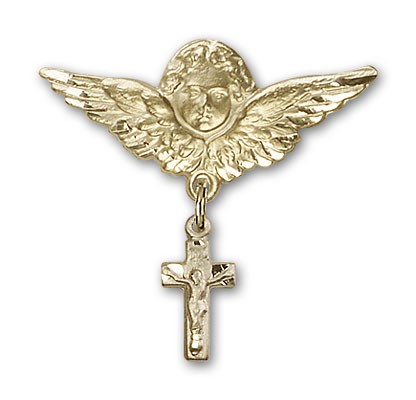 Pin Badge with Crucifix Charm and Angel with Larger Wings Badge Pin - Gold Tone