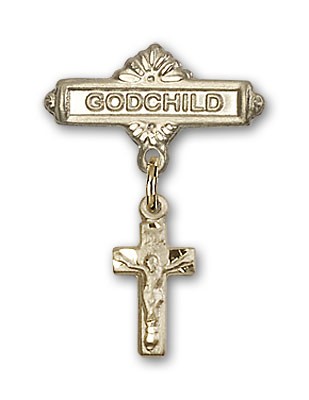 Baby Badge with Crucifix Charm and Godchild Badge Pin - 14K Solid Gold