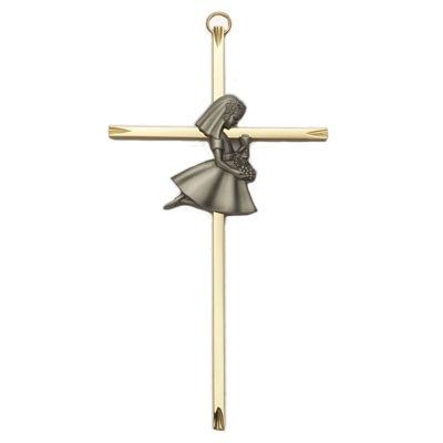 First Communion Girl's Brass Cross - 7 inch - Brass