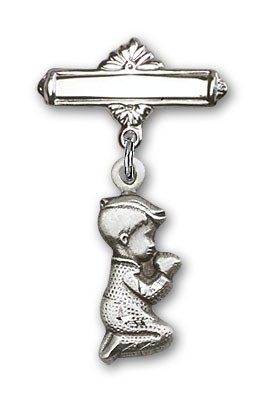 Baby Pin with Praying Boy Charm and Polished Engravable Badge Pin - Silver tone