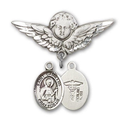Pin Badge with St. Camillus of Lellis Charm and Angel with Larger Wings Badge Pin - Silver tone