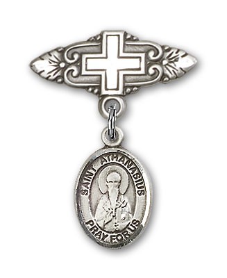 Pin Badge with St. Athanasius Charm and Badge Pin with Cross - Silver tone