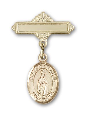 Pin Badge with Our Lady of Fatima Charm and Polished Engravable Badge Pin - Gold Tone