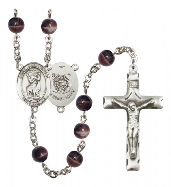 Men's St. Christopher Coast Guard Silver Plated Rosary - Brown