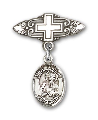 Pin Badge with St. Andrew the Apostle Charm and Badge Pin with Cross - Silver tone