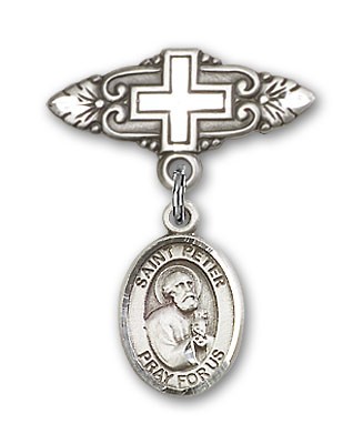 Pin Badge with St. Peter the Apostle Charm and Badge Pin with Cross - Silver tone