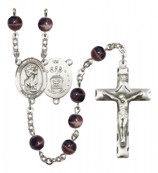 Men's St. Christopher Air Force Silver Plated Rosary - Brown