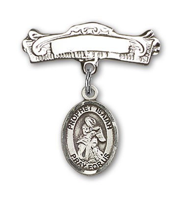 Pin Badge with St. Isaiah Charm and Arched Polished Engravable Badge Pin - Silver tone