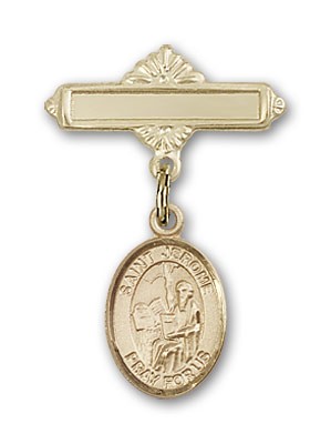 Pin Badge with St. Jerome Charm and Polished Engravable Badge Pin - Gold Tone