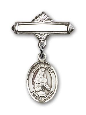 Pin Badge with St. Emily de Vialar Charm and Polished Engravable Badge Pin - Silver tone