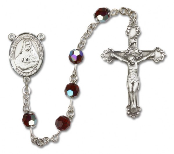 St. Rose Philippine Sterling Silver Heirloom Rosary Fancy Crucifix - Garnet