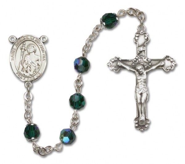 St. Adrian of Nicomedia Sterling Silver Heirloom Rosary Fancy Crucifix - Emerald Green