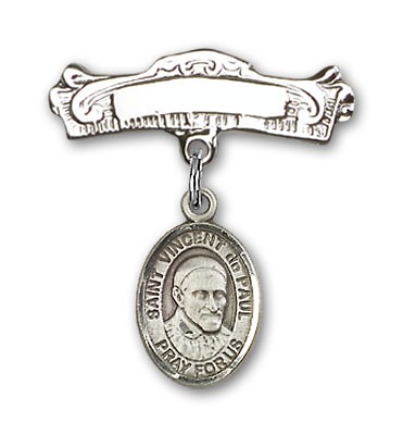 Pin Badge with St. Vincent de Paul Charm and Arched Polished Engravable Badge Pin - Silver tone