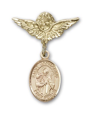 Pin Badge with St. Januarius Charm and Angel with Smaller Wings Badge Pin - Gold Tone
