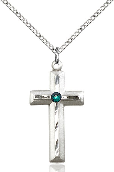 Matte and Polished Cross Pendant with Birthstone Options - Emerald Green