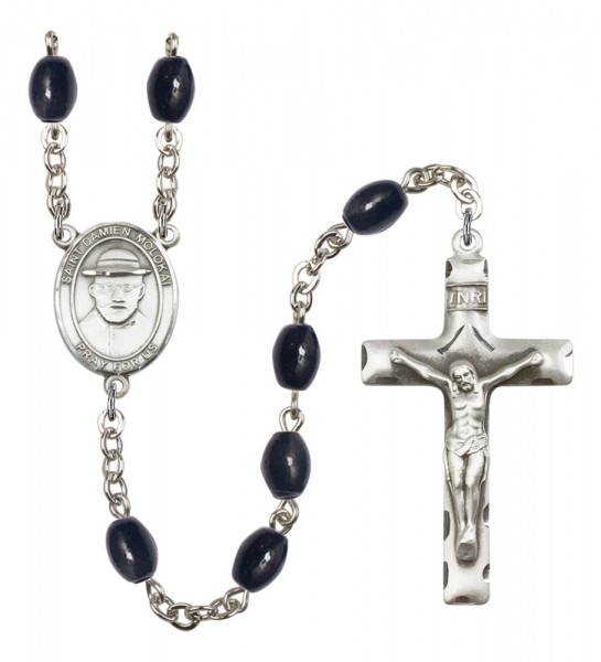Men's St. Damien of Molokai Silver Plated Rosary - Black Oval