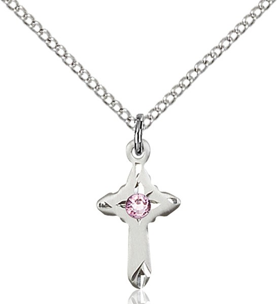 Child's Pointed Edge Cross Pendant with Birthstone Options - Light Amethyst