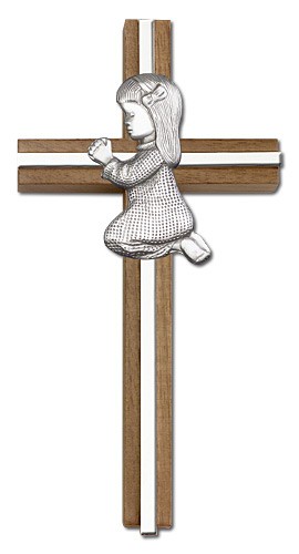 Praying Girl Cross in Walnut 6&quot; with Metal Inlay - Silver tone