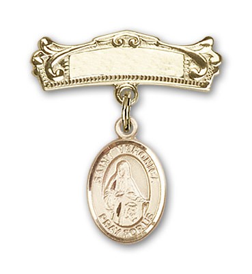 Pin Badge with St. Veronica Charm and Arched Polished Engravable Badge Pin - Gold Tone