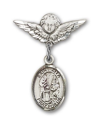 Pin Badge with St. Zita Charm and Angel with Smaller Wings Badge Pin - Silver tone