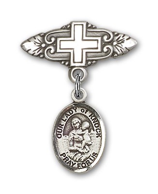 Pin Badge with Our Lady of Knock Charm and Badge Pin with Cross - Silver tone
