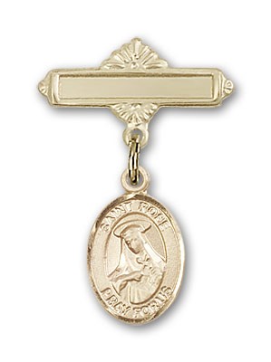 Pin Badge with St. Rose of Lima Charm and Polished Engravable Badge Pin - 14K Solid Gold