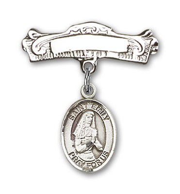 Pin Badge with St. Emily de Vialar Charm and Arched Polished Engravable Badge Pin - Silver tone