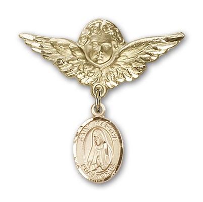 Pin Badge with St. Martha Charm and Angel with Larger Wings Badge Pin - Gold Tone