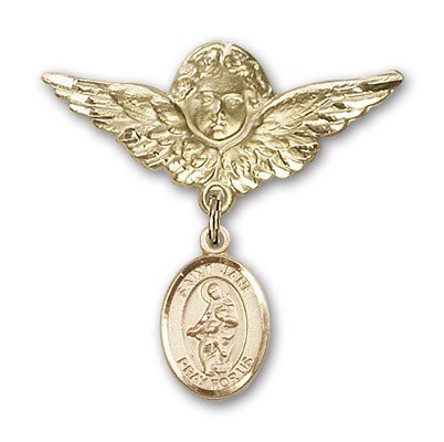 Pin Badge with St. Jane of Valois Charm and Angel with Larger Wings Badge Pin - Gold Tone