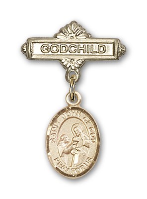 Pin Badge with St. John of God Charm and Godchild Badge Pin - 14K Solid Gold