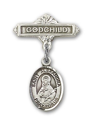Pin Badge with St. Alexandra Charm and Godchild Badge Pin - Silver tone